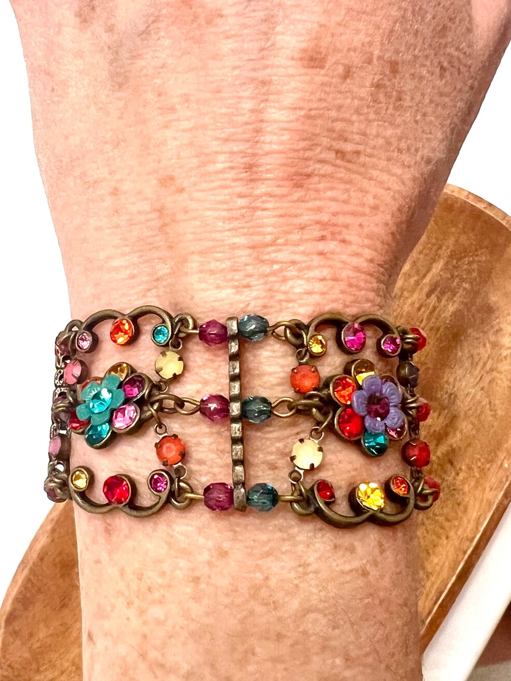 Vintage Ornate Rhinestone Bracelet Bronze Art Nouveau Jewelry Bright Colorful - Picture 4 of 7